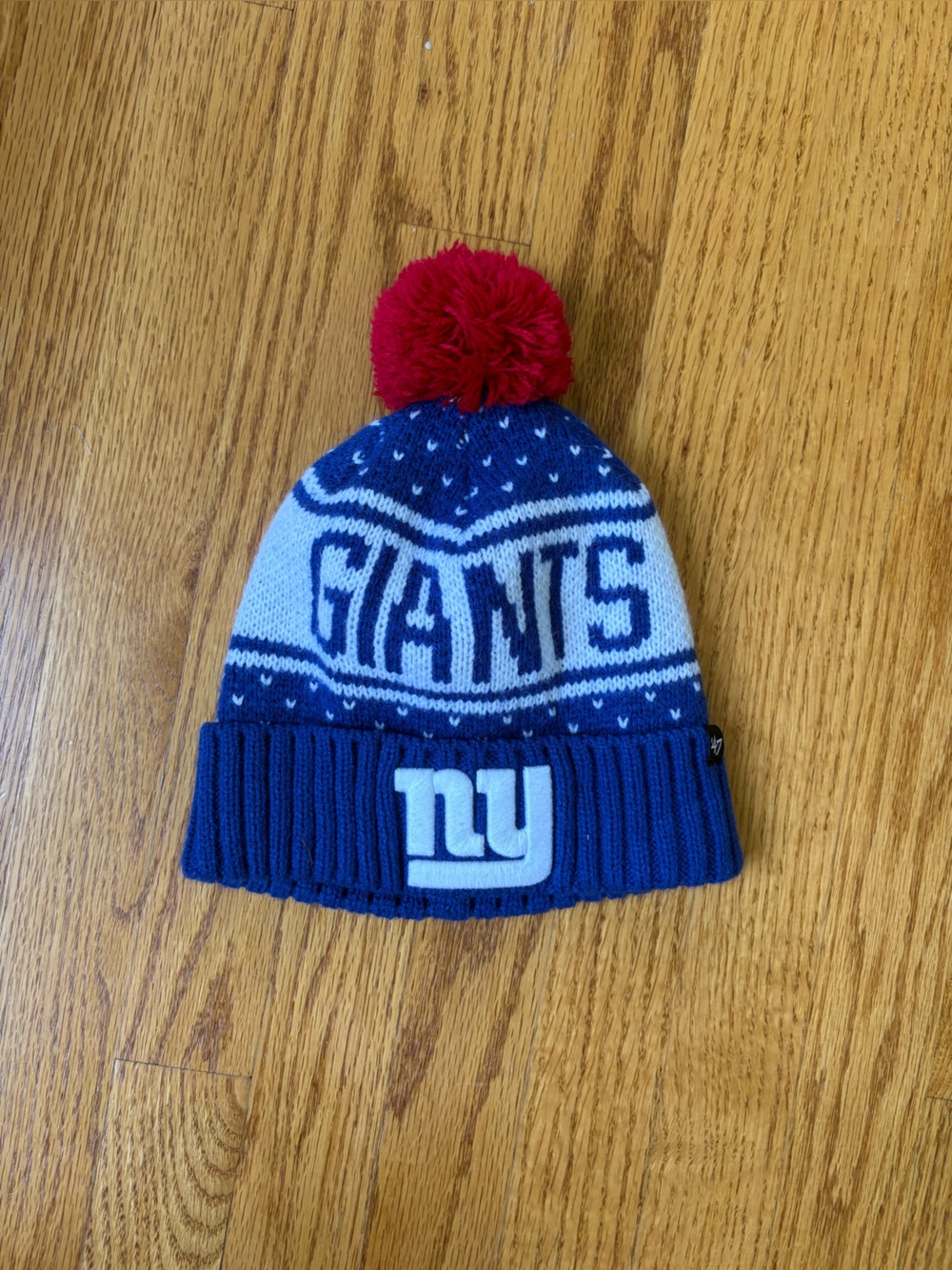 Giants Knit Pom Beanie Hat - Blue/White with Red Pom